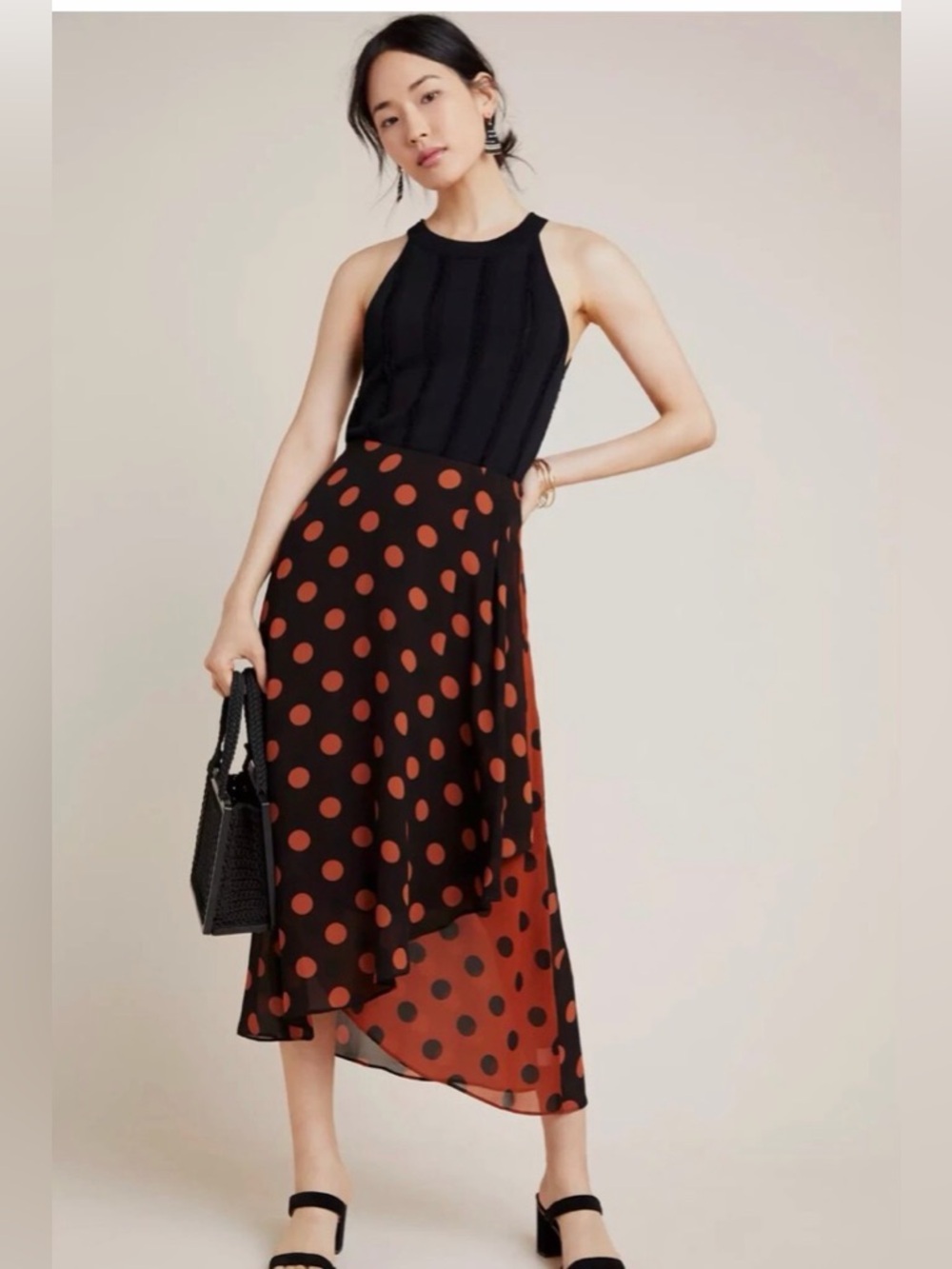 Anthropologie MAEVE Oksana Midi Skirt Polka Dot Feminine Flowy Long Faux Wrap